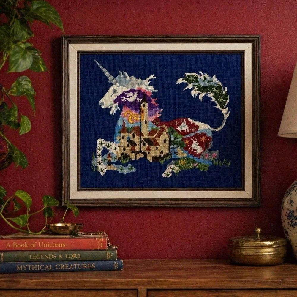 VTG 1970s Unicorn Fantasy Needlepoint Framed Art 18x20 Handmade Wall Decor EUC